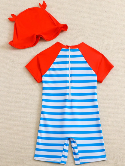 Striped Little Boys Swimsuit With Swimming Cap Printed Swimwear Female Children Bathers Bathing Swimming Swim Suit 4-7Y