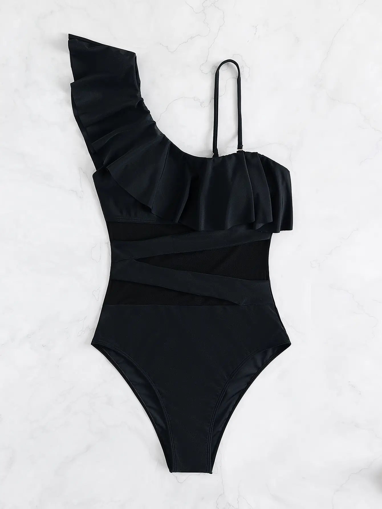 Ruffle Contrast Mesh Swimsuit Women One Piece Swimwear Bodysuit Bathers Bathing Swimming Swim Suit Sports Beachwear