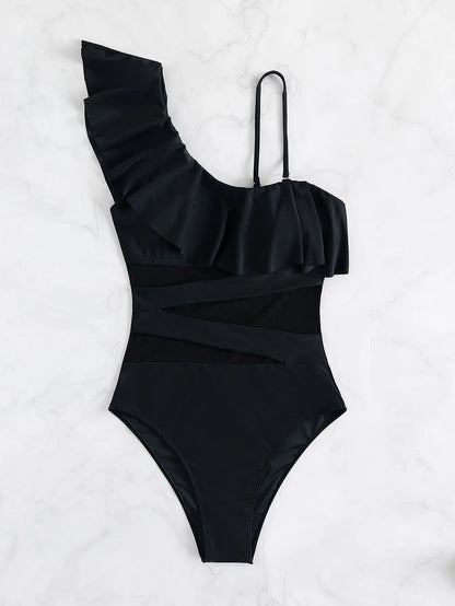 Ruffle Contrast Mesh Swimsuit Women One Piece Swimwear Bodysuit Bathers Bathing Swimming Swim Suit Sports Beachwear