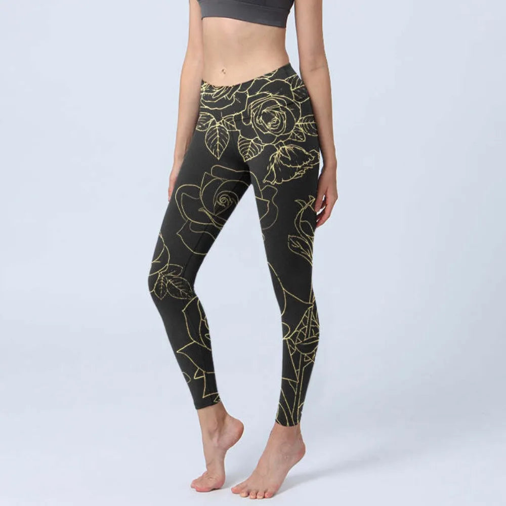 High Waisted Yoga Pants Leggings for Women Bamboo Print Workout Tights Non-See Through Gym Fitness Running Athletic Wear