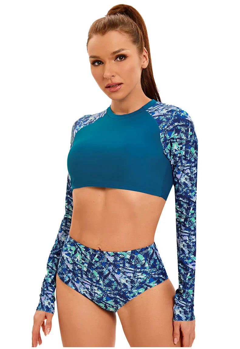 Womems Swimsuits Long Sleeve Two Piece Rash Guard UV Protection Crop Top Bathing Suits for Teen Girls