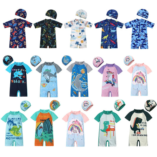 Baby Boys Girls 2pcs Summer Beach Swimwear Print Cartoon Cap+Bodysuit Infant Suit Outfit Bathing Swimsuit