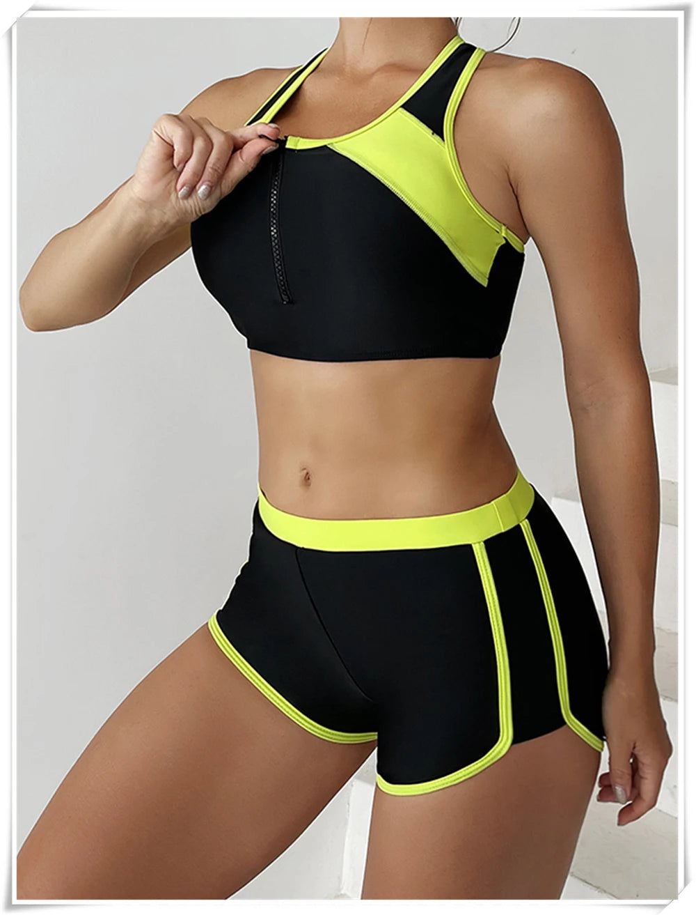 Two Piece Swimsuit Women Zipper Tankini Set High Waist Shorts Swimwear Female Bathing Swimming Suit Sports Beachwear Summer