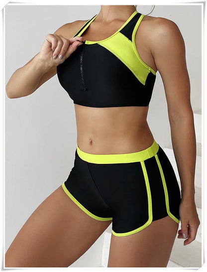Two Piece Swimsuit Women Zipper Tankini Set High Waist Shorts Swimwear Female Bathing Swimming Suit Sports Beachwear Summer