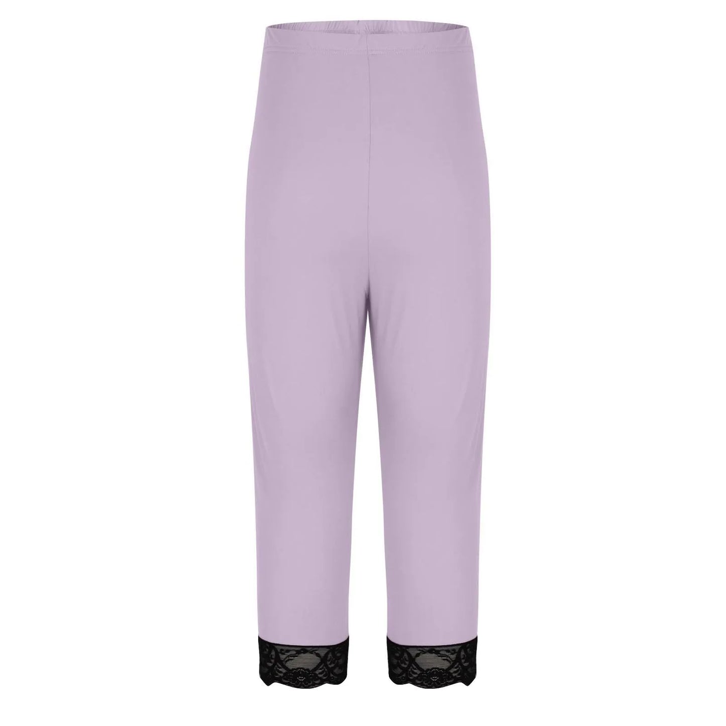 Plus size yoga pants women's fashion large solid color lace splicing bottom pants with elastic waist sports cropped pants