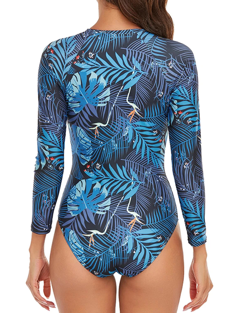 Half Zipper Surfing Swimsuit One Piece Long Sleeve Bathing Suit Women Printed Plus Size Swimwear Women Rashguard Diving XXL