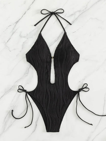 Cikini-Cut Out Tie Side Halter Swimsuit for Women, Monochromatic, Beach Swimwear, Bathing Suit, Summer