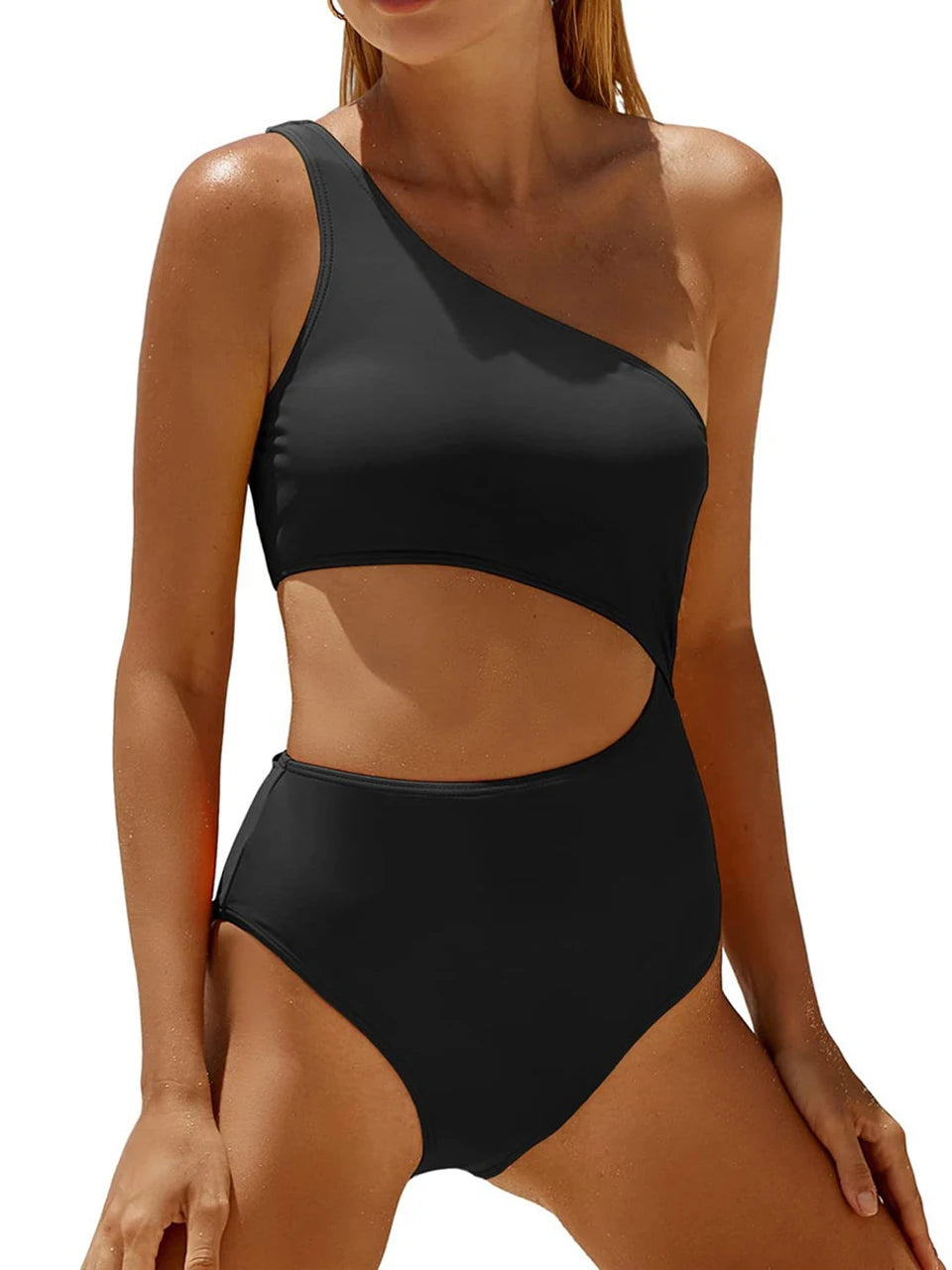 One Shoulder Solid One Piece Swimsuit Women Color Block Hollow Swimwear Female Bathers Bathing Swim Suit Padded Beachwear