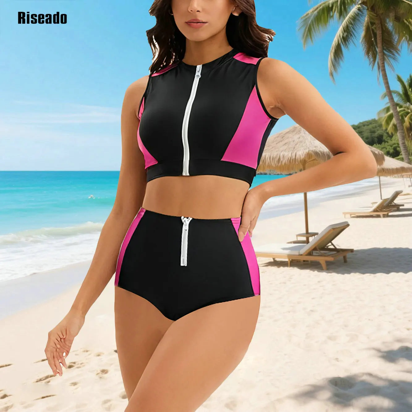 Female Two Pieces Crop Top Bikini Tankini Sets Color Block Zip Front Summer Push Up Swimsuit Bathing Suits High Waist Tankini