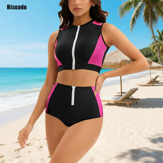 Female Two Pieces Crop Top Bikini Tankini Sets Color Block Zip Front Summer Push Up Swimsuit Bathing Suits High Waist Tankini
