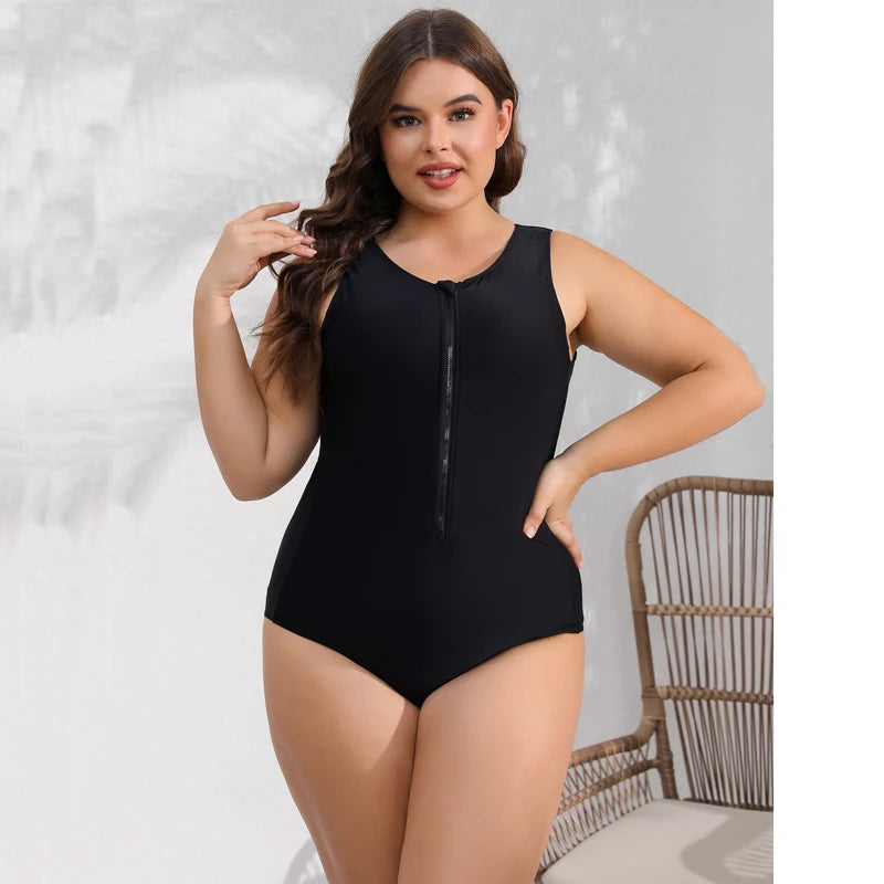Plus Size Black Color Rashguard Women One Piece Swimsuit Solid Swimming Suit For Big Woman Modest Swimwear Surfing Suit