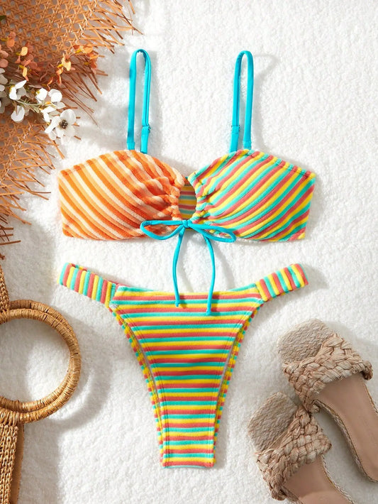 Women Patchwork Swimwear Strapped Push Up Bikini High Cut Thong Lady Swimsuit Beach Brazilian Bathing Suit