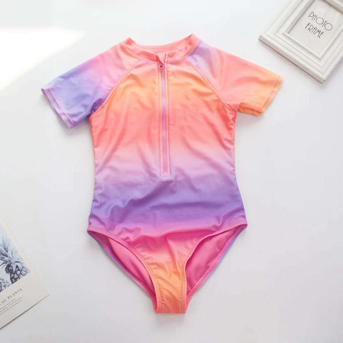 Girls' Long-Sleeve One-Piece Swimsuit – Pink or Leaves