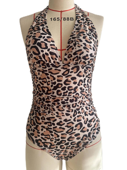 Leopard Swimsuit Women One Piece Halter Swimwear Female Solid Backless Bathers Bathing Swimming Swim Suit Beachwear