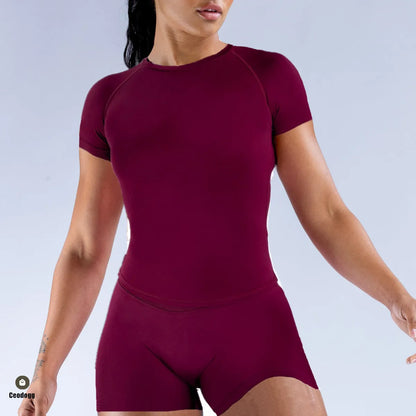 2PCS D-impact Women Short Sleeve Yoga Set High Waist Scrunch Workout Pant T-Shirt Fitness Gym Sculpting Legging Activewear