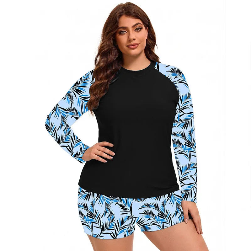 Women Plus Size Swimwear Long Sleeve Rash Guard Modest Two Piece Swimsuit UPF 50+  Rash Guard Beachwear Beach Bathing Suit