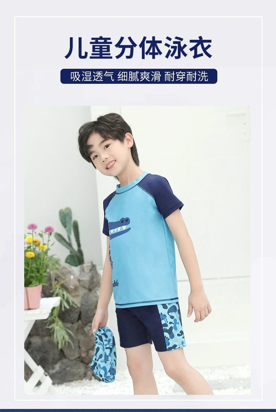 Children's Cartoon Shark Short Sleeve Split Swimwear with Swim Cap, Sun Protection Beach Wear, Baby Boys Swimsuit