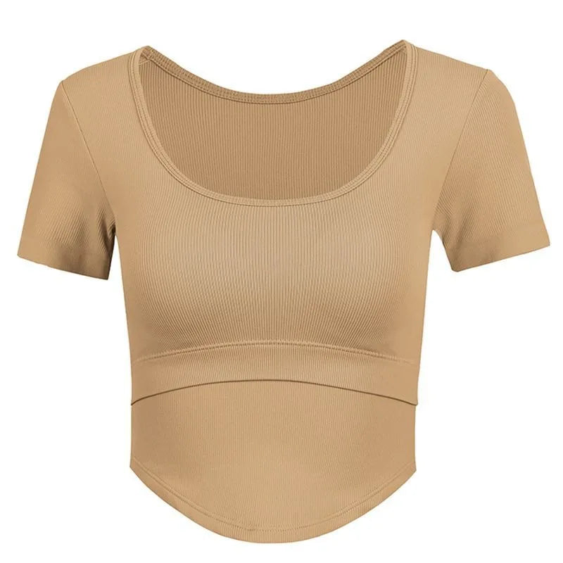 Aiithuug U Neck Yoga Bra Crop Bra Short Sleeve Ribbed Gym Crop Pilates Bras Gym Bra Workout Crops Fitness Top Running Crops