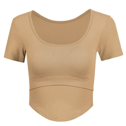 Aiithuug U Neck Yoga Bra Crop Bra Short Sleeve Ribbed Gym Crop Pilates Bras Gym Bra Workout Crops Fitness Top Running Crops
