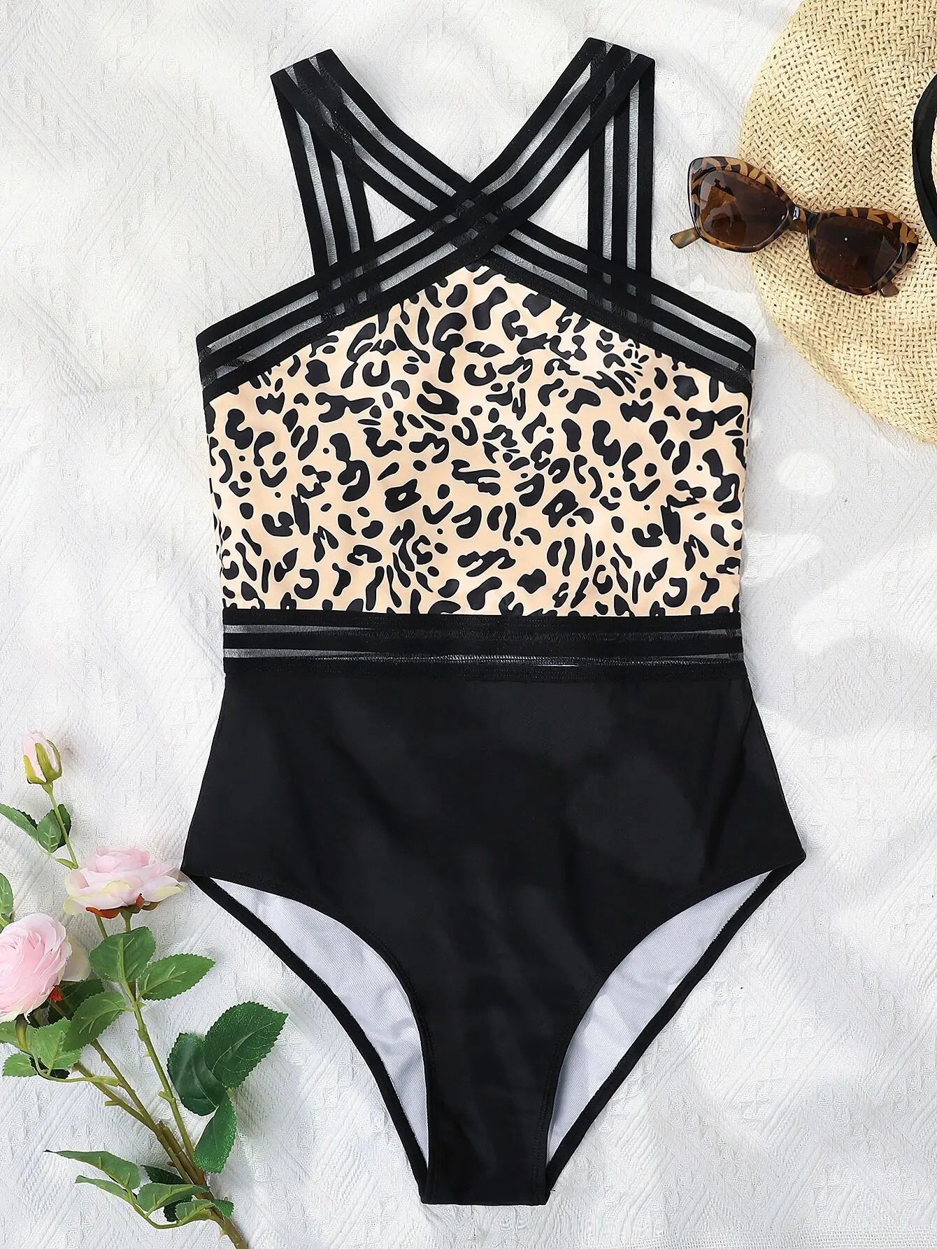 Mesh Tape Swimsuit One Piece Leopard Swimwear Women Cross High Neck Bathing Suit Female Swimming Summer Beachwear
