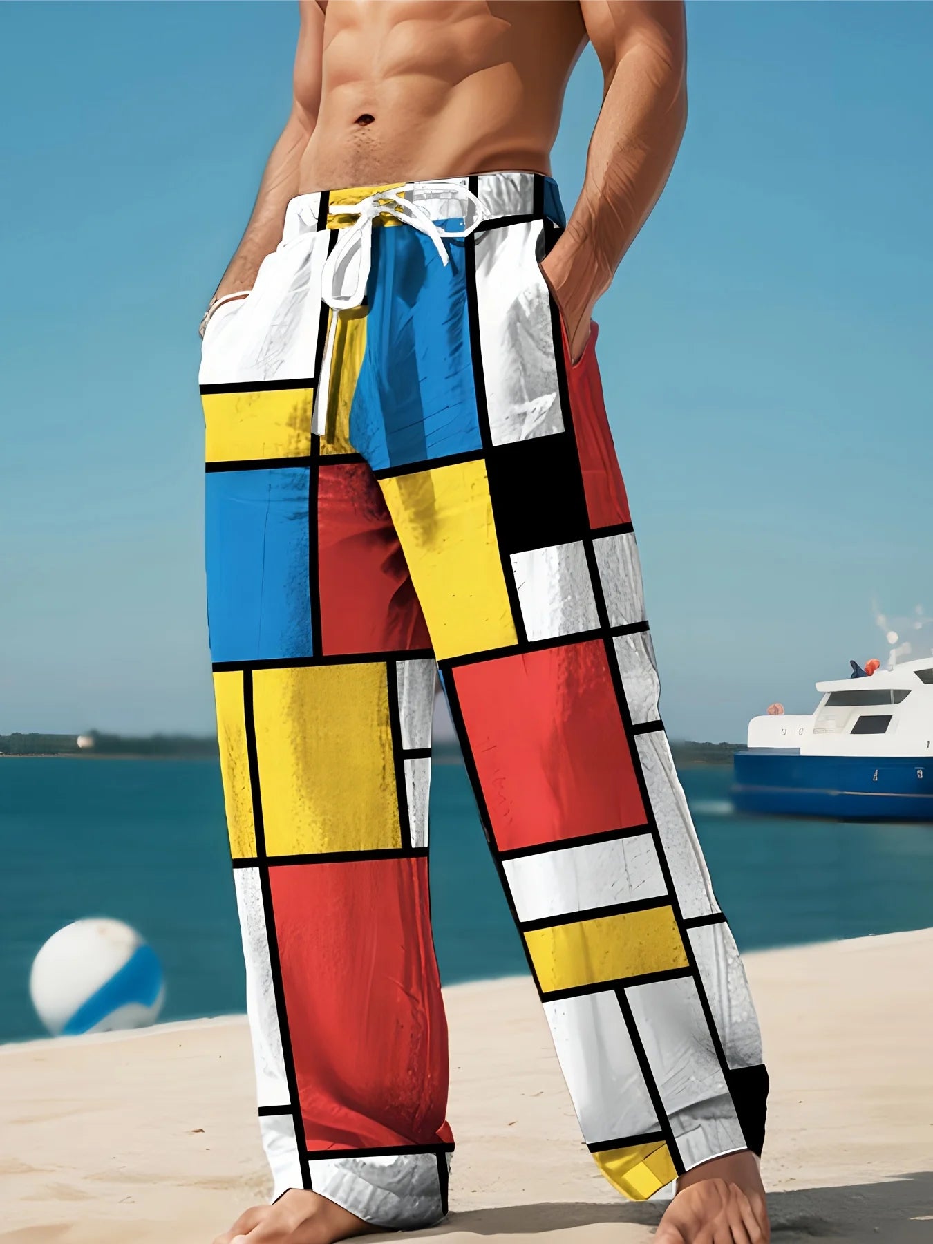 Mens Drawstring Trousers Relaxed Comfortable Geometric Patterned Loose Fit Pants With Elastic Waist  Casual Summer Daily Wear