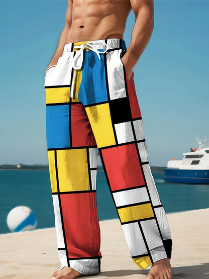 Mens Drawstring Trousers Relaxed Comfortable Geometric Patterned Loose Fit Pants With Elastic Waist  Casual Summer Daily Wear