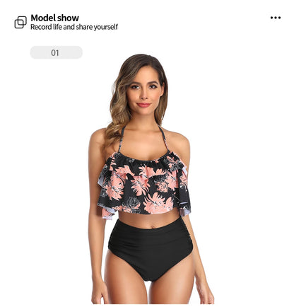 Swimwear Women Halter Ruffle Bikinis High-Waist Split Two-Piece Off Shoulder Swimsuit Pool Beachwear Bathing Suit Plus Size XXL