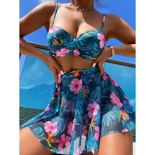 Cikini-Women's Tropical Print Push Up Bikinis Set, Swimsuit with Beach Skirt, Swimwear, Summer Bathing Suit