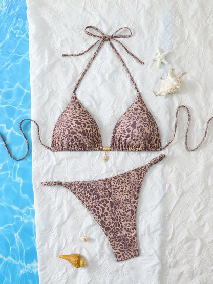 String Halter Bikini Triangle Swimsuit Women Printed Micro Swimwear Female Bathing Swimming Swim Suit Padded Beachwear