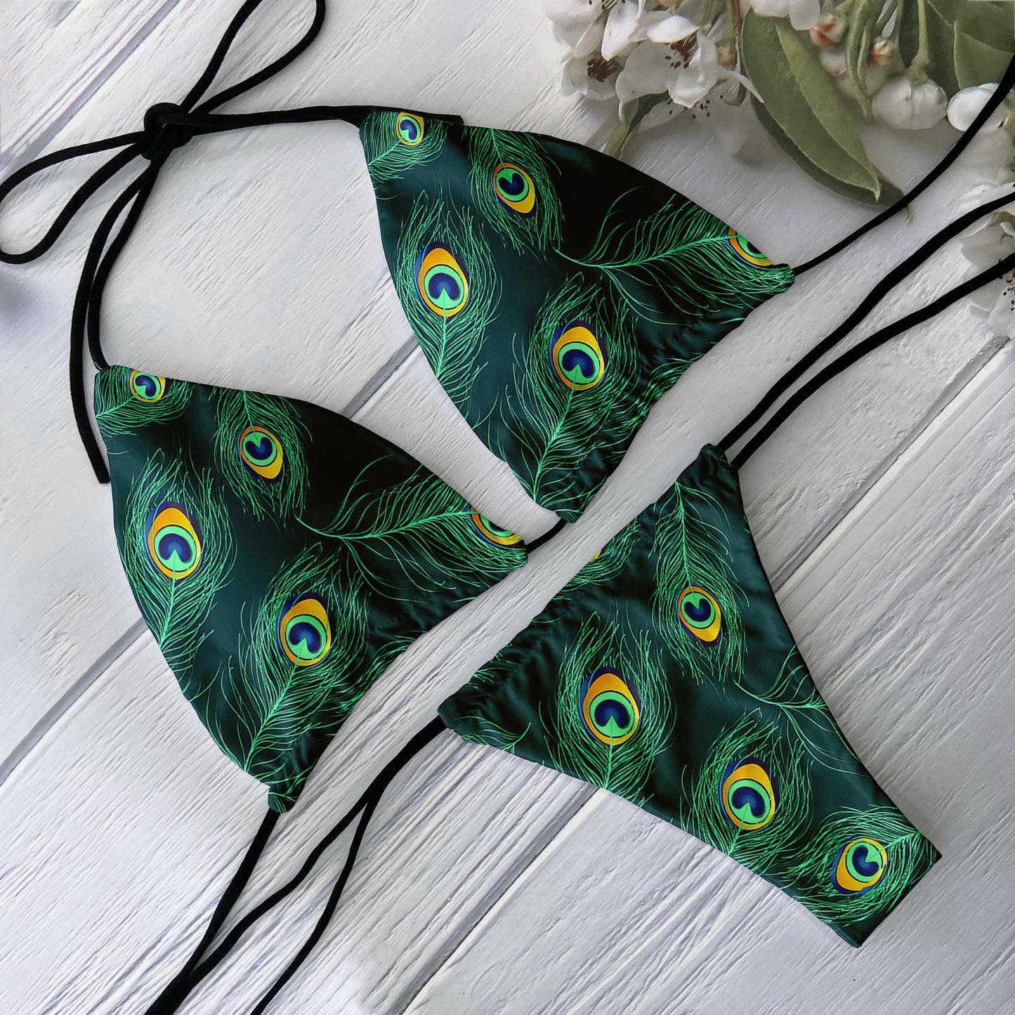 Fashion Ladies Bikini Set 3D Printed Peacock Feather Pattern Split Swimsuit Deep V Lace up Beach Vacation Surfing Swimsuit
