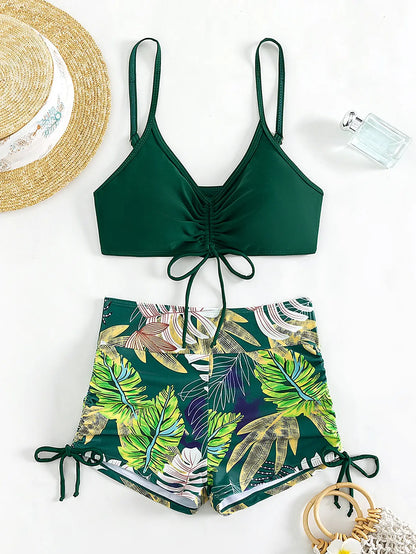 Drawstring Front Shorts Bikinis High Waist Swimsuit Women Swimwear Female Bathers Bathing Swimming Swim Suit Beachwear