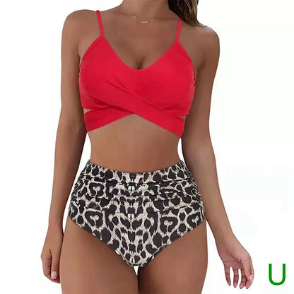 Bikini Two Piece Suit Cross Front Slim High Waisted Bottom Solid/Print Breathable Quick Drying Beachwear