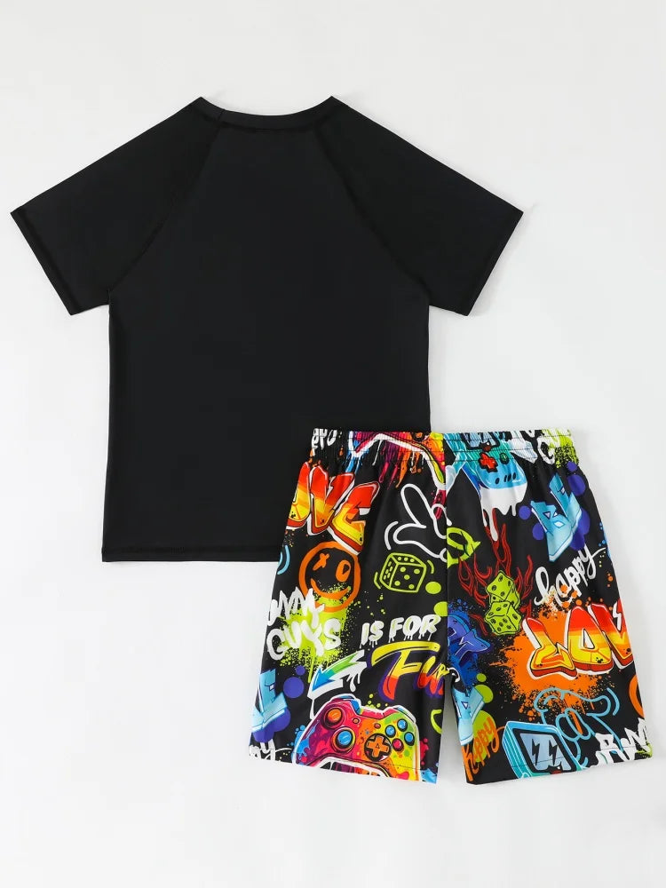Boys' Black Game-Console Short-Sleeve Rash Guard & Shorts Set