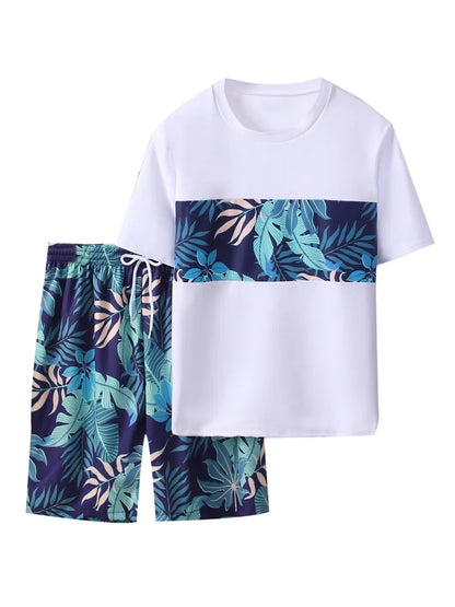 Boy Kids Swimsuit Solid Leaves Print Short Sleeve Children Swimwear Summer Two Piece Beach Shorts Bathing Suit Swimming