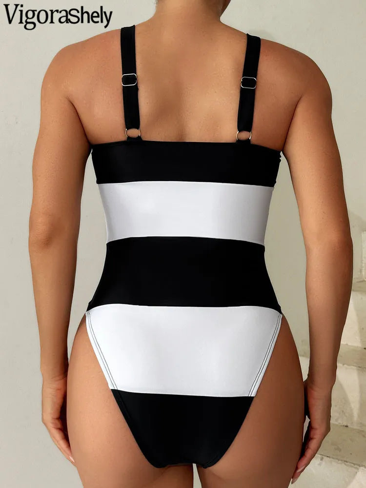 Black and White Strapped Swimwear Women Solid Patchwork One Piece Swimsuit Push Up Lady Monokini Beach Summer Bathing Suit