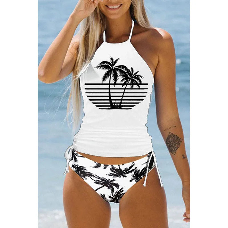 Women's Bathing Suit Coconut Drawstring Side Halter Neck Tankini Set Summer Beach Wear Cute Swimwear Women Swimsuit Bikini
