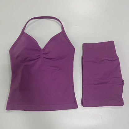2Pcs Gym Set Women Backless Tank Tops High Waist Scrunch Seamless Shorts Gym Suit Fitness Clothes Activewear Workout Set