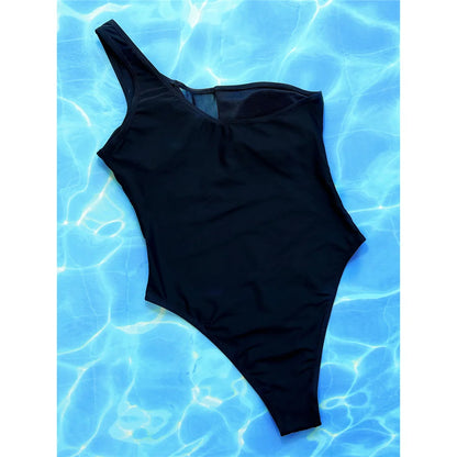One Shoulder Splicing Mesh Sheer Women Swimwear One Piece Swimsuit Female Monokini High Leg Cut Bather Bathing Suit Swim