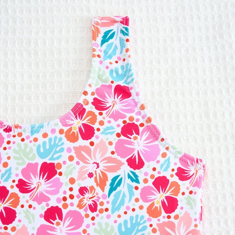 Girls Swimsuit One Piece With Beach Skirt Floral Printed Kids Swimwear Pink Children Swimming Bathing Swim Suit Beachwear