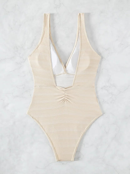 Strappy Fold Swimsuit Women One Piece Plunging Backless Swimwear Female Bathers Bodysuit Bathing Swimming Suit Beachwear