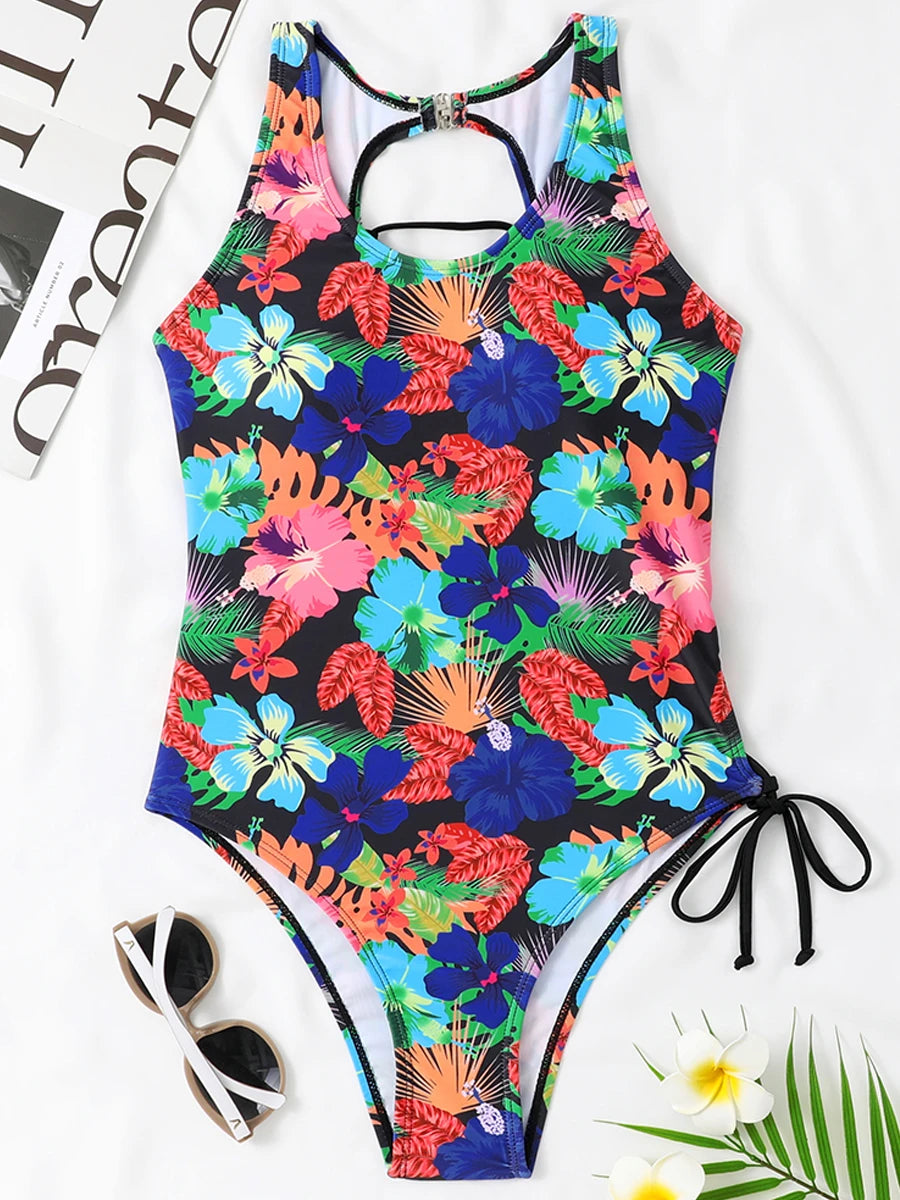 Lace Up Back Swimsuit One Piece Printed Swimwear Women Backless Bathing Swimming Suit Female Padded Beachwear Bodysuit