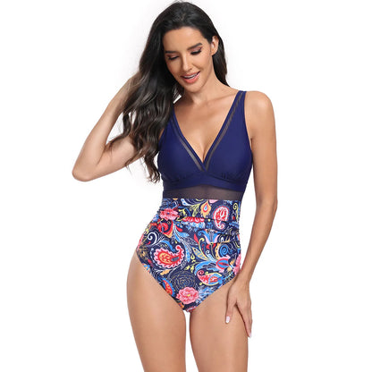 Women Fashion Flower Printed One-piece Swimsuit Plus Size Deep V Swimwear Bathers