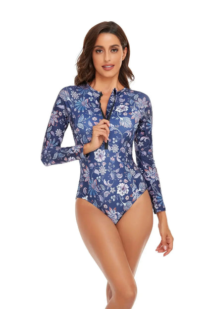 One-piece Swimsuit Women Long Sleeves Sunscreen Surf Wear Solid Color Stitching Zipper Conservative Summer Beach Swimwear