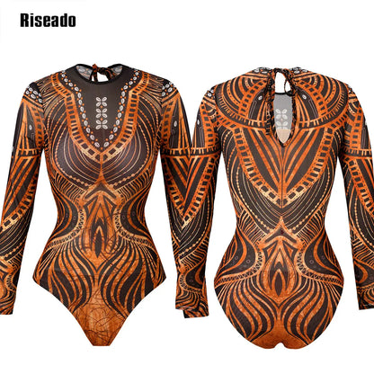 Womens Long Sleeve Mesh Rash Guard UV UPF 50+ Sun Protection Printed  High Waist Surfing One Piece Swimsuit Bathing Suit