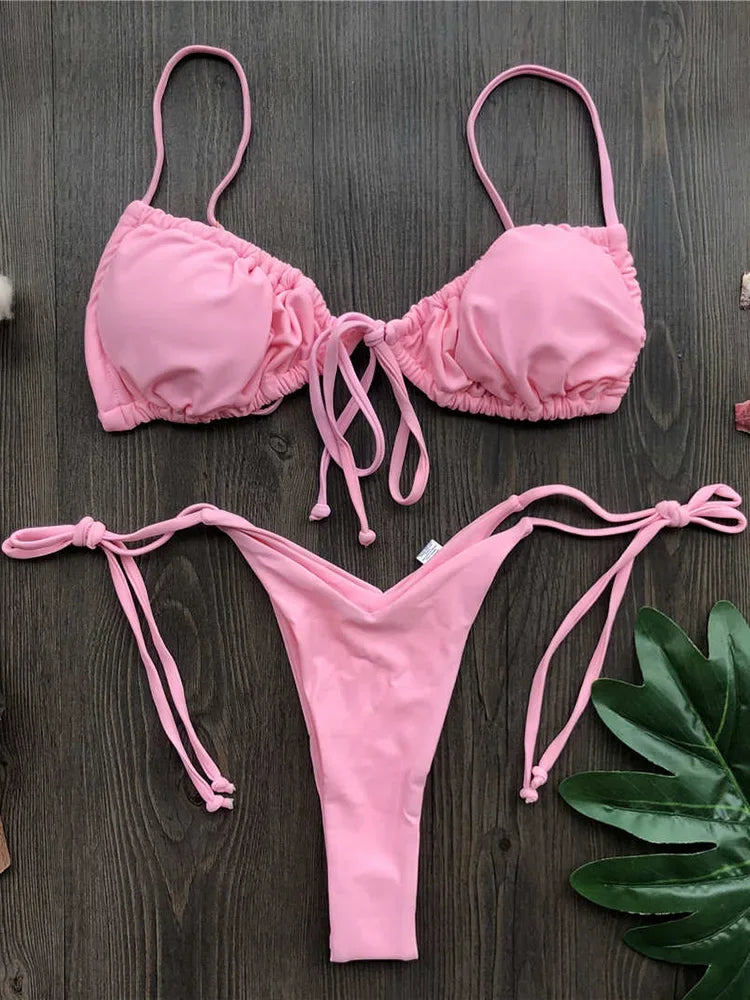 Ruffle Frilled Micro Thong Bikini Women Swimwear Female Swimsuit Two-pieces Bikini set String Bather Bathing Suit Swim