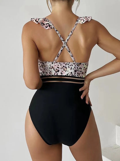 Leopard Ruffle  One Piece Swimsuit Women High Waist Mesh Tape Swimwear Female Beachwear V-neck Bathing Swimming Suit Summer