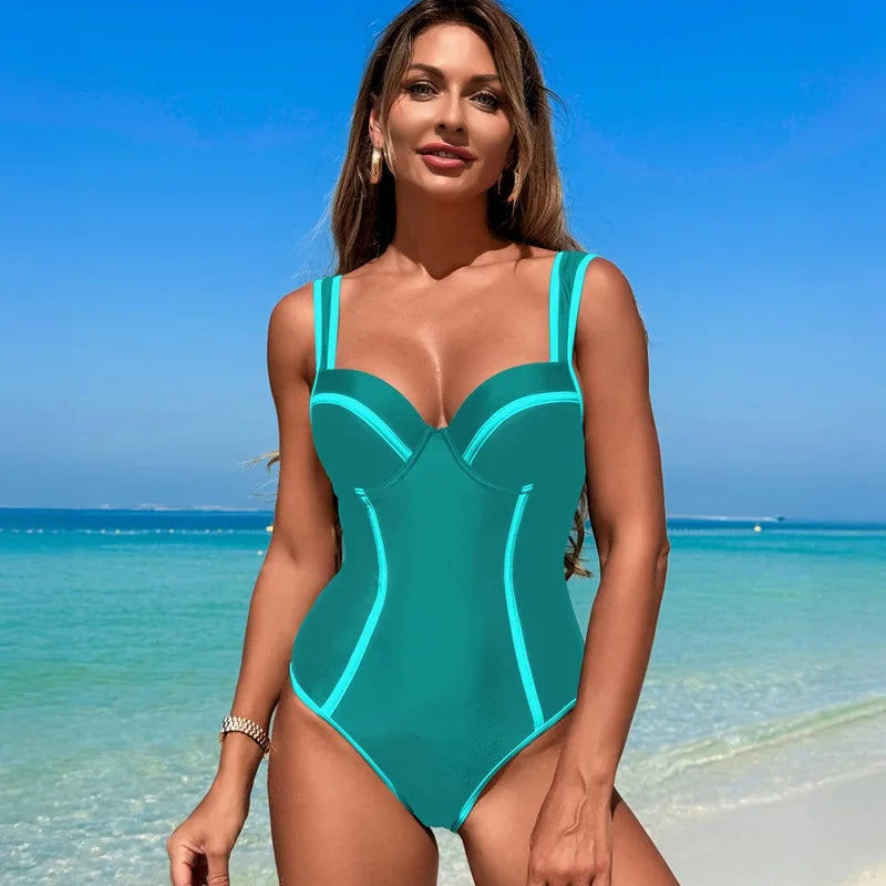Vintage Black White Patchwork One Piece Swimsuit Women Halter Push Up Underwire Slim Bathing Suit Backless Holiday Swimwear
