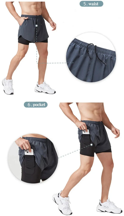 Running Shorts Sportswear 2 in 1 Training Short Pant Summer Double-deck Beach Homme Jogging Clothing Gym Sport Shorts Men