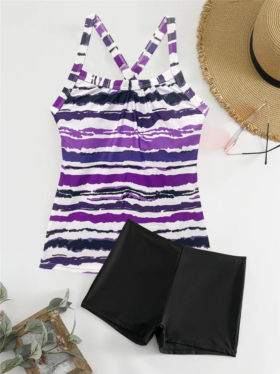 Print High Waist Swimsuit Ring Link Two Piece Tankini Swimwear Female Padded Beachwear Bathers Bathing Swimming Suit