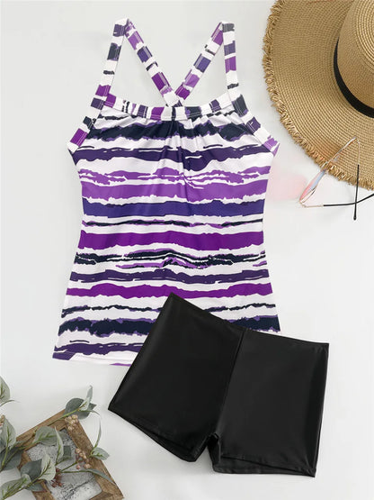 Print High Waist Swimsuit Ring Link Two Piece Tankini Swimwear Female Padded Beachwear Bathers Bathing Swimming Suit